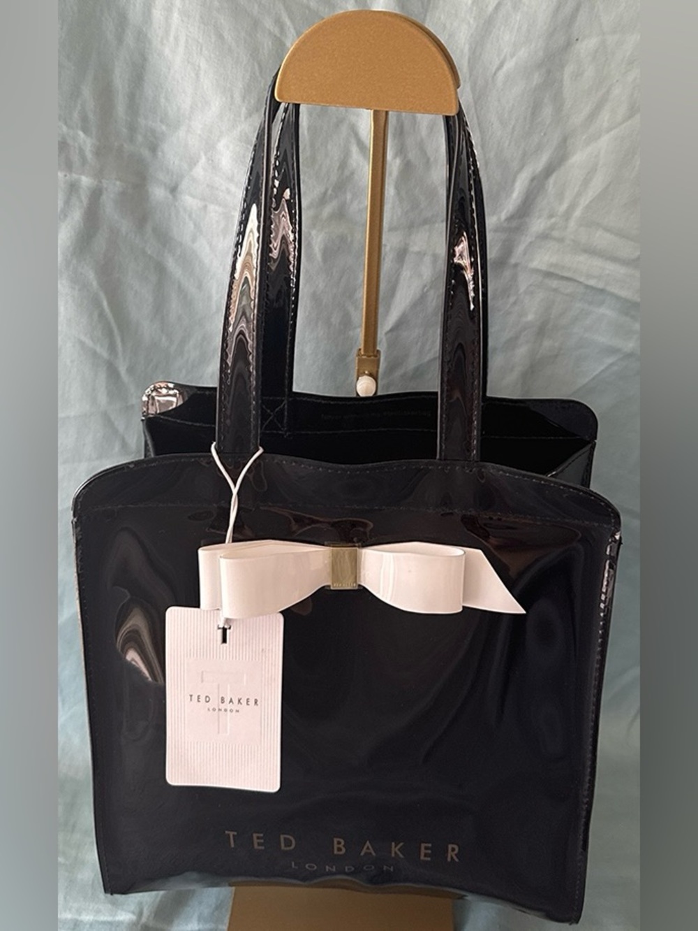 Ted Baker Black Patent Tote with White Bow Accent